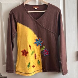 Dragonfly Brown and Yellow Cotton Floral Long Sleeve Artsy Boho Top Size M